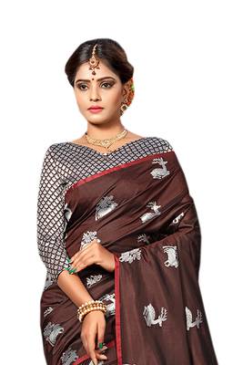 Brown Woven Silk Blend Saree With Blouse 3