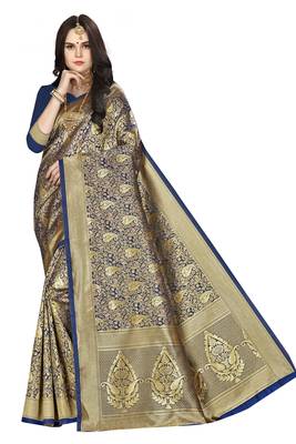 Navy blue woven banarasi saree with blouse 1