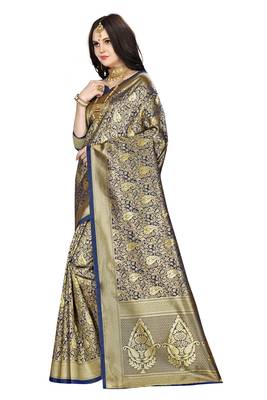 Navy blue woven banarasi saree with blouse 2