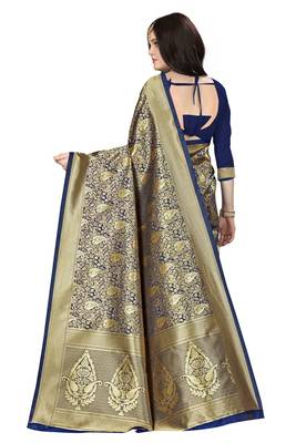 Navy blue woven banarasi saree with blouse 3