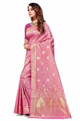 Light Pink Woven Banarasi Saree With Blouse 2