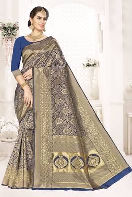 Navy blue woven banarasi saree with blouse 1