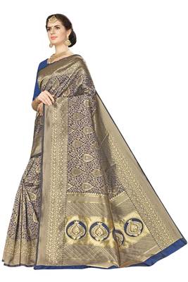 Navy blue woven banarasi saree with blouse 2