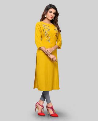 Yellow embroidered rayon ethnic-kurtis 3