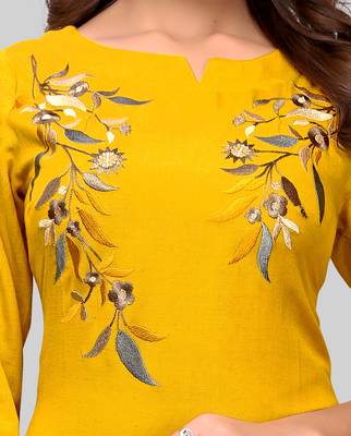 Yellow embroidered rayon ethnic-kurtis 4