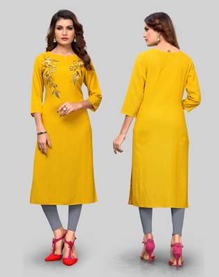 Yellow embroidered rayon ethnic-kurtis 5