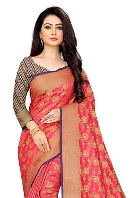 Pink woven banarasi saree with blouse 4