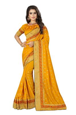 Yellow embroidered art silk saree with blouse 1