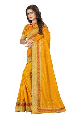 Yellow embroidered art silk saree with blouse 2