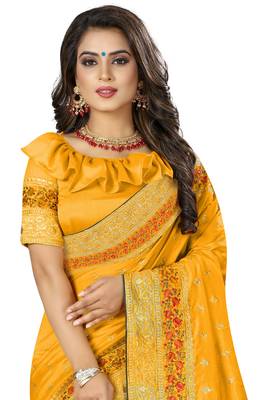 Yellow embroidered art silk saree with blouse 4