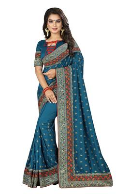Turquoise embroidered art silk saree with blouse 1