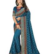 Turquoise embroidered art silk saree with blouse