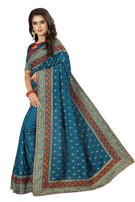 Turquoise embroidered art silk saree with blouse 2