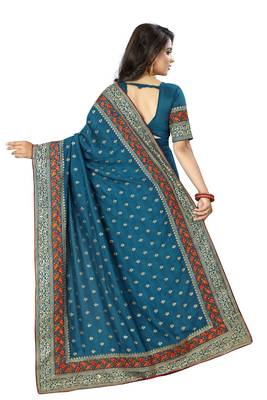 Turquoise embroidered art silk saree with blouse 3