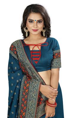 Turquoise embroidered art silk saree with blouse 4