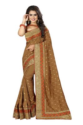 Brown embroidered art silk saree with blouse 1