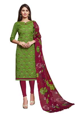 Green embroidered cotton unstitched salwar with dupatta 1