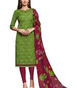 Green embroidered cotton unstitched salwar with dupatta
