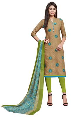 Beige embroidered cotton unstitched salwar with dupatta 1