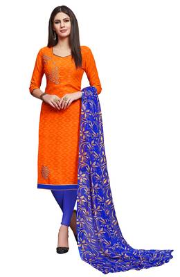 Orange embroidered cotton unstitched salwar with dupatta 1