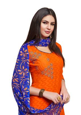 Orange embroidered cotton unstitched salwar with dupatta 2