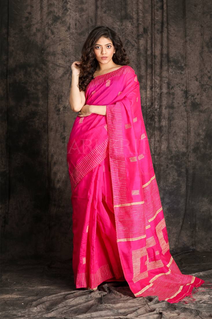 Women's Cotton Blend Pink Woven Design Designer Saree With Blouse Piece