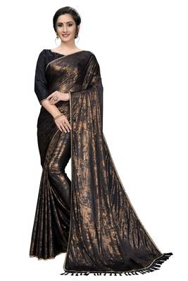 Black plain silk blend saree with blouse 1