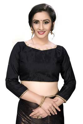 Black plain silk blend saree with blouse 5