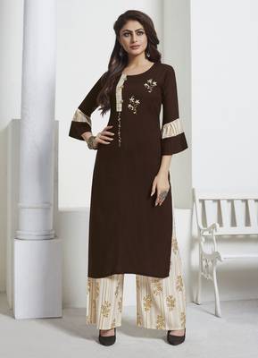 Coffee Embroidered Rayon Ethnic Kurtis 1