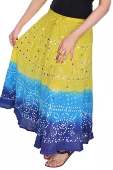 Yellow blue Cotton Long Bandhej Skirt