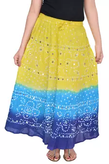 Yellow blue Cotton Long Bandhej Skirt