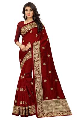 Maroon Embroidered Art Silk Saree With Blouse 1