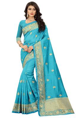 Sky Blue Embroidered Art Silk Saree With Blouse 1