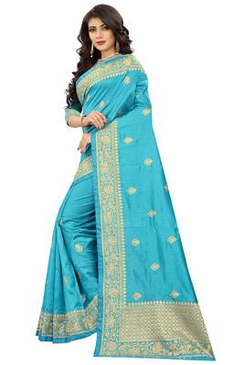 Sky Blue Embroidered Art Silk Saree With Blouse 2