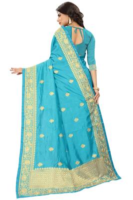 Sky Blue Embroidered Art Silk Saree With Blouse 3