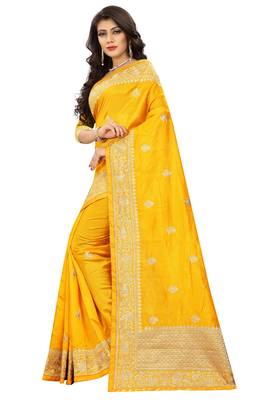 Yellow Embroidered Art Silk Saree With Blouse 2