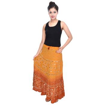 Yellow Brown Bandhej Cotton Long Skirt 1