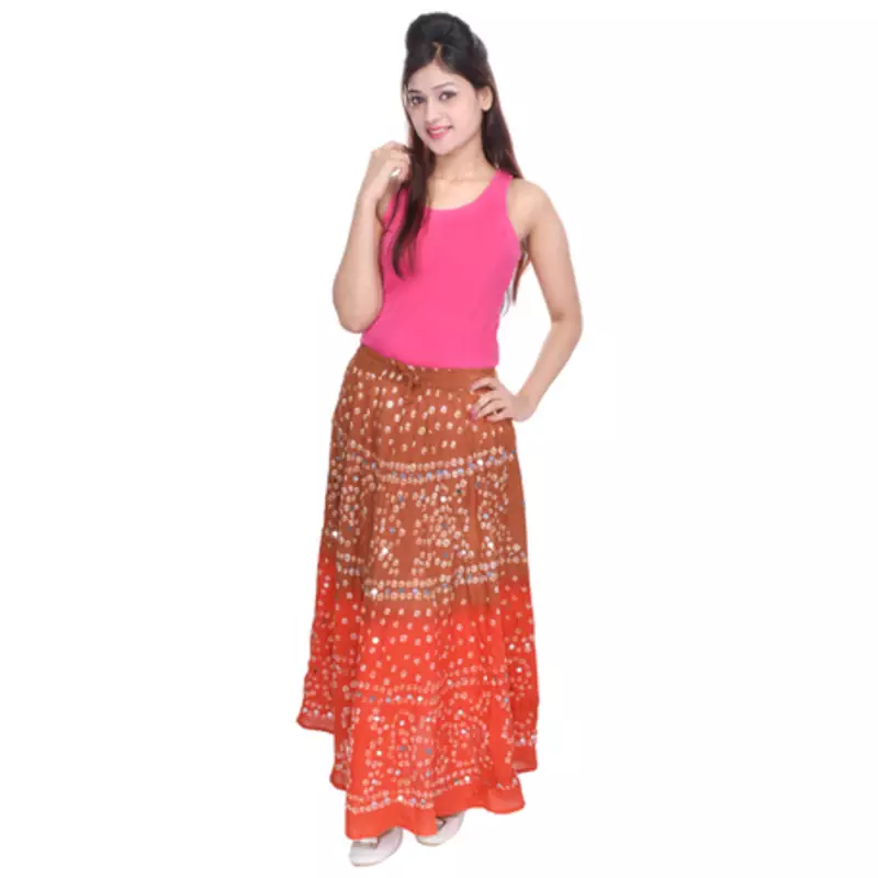 Brown Orange Cotton Bandhej Long Skirt