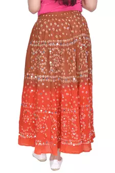 Brown Orange Cotton Bandhej Long Skirt
