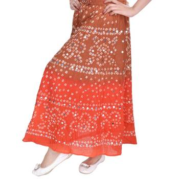 Brown Orange Cotton Bandhej Long Skirt 3