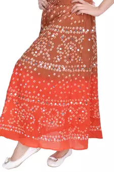Brown Orange Cotton Bandhej Long Skirt