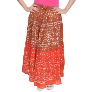 Brown Orange Cotton Bandhej Long Skirt 4