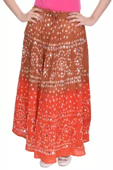 Brown Orange Cotton Bandhej Long Skirt