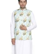 Turquoise Woven Blended Cotton Nehru-Jacket