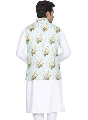 Turquoise Woven Blended Cotton Nehru-Jacket 3