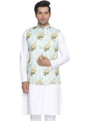 Turquoise Woven Blended Cotton Nehru-Jacket 4