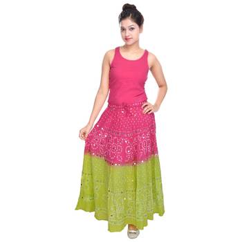 Pink Green Hand Work Bandhej Cotton Long Skirt