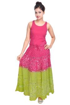 Pink Green Hand Work Bandhej Cotton Long Skirt