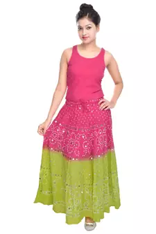 Pink Green Hand Work Bandhej Cotton Long Skirt
