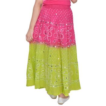 Pink Green Hand Work Bandhej Cotton Long Skirt 2